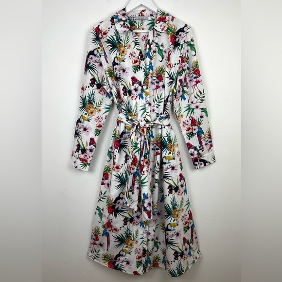 Per Una Parrot Print Belted Cotton Shirt Dress Long Midi UK 18 Roll Tab Sleeve - Picture 4 of 13